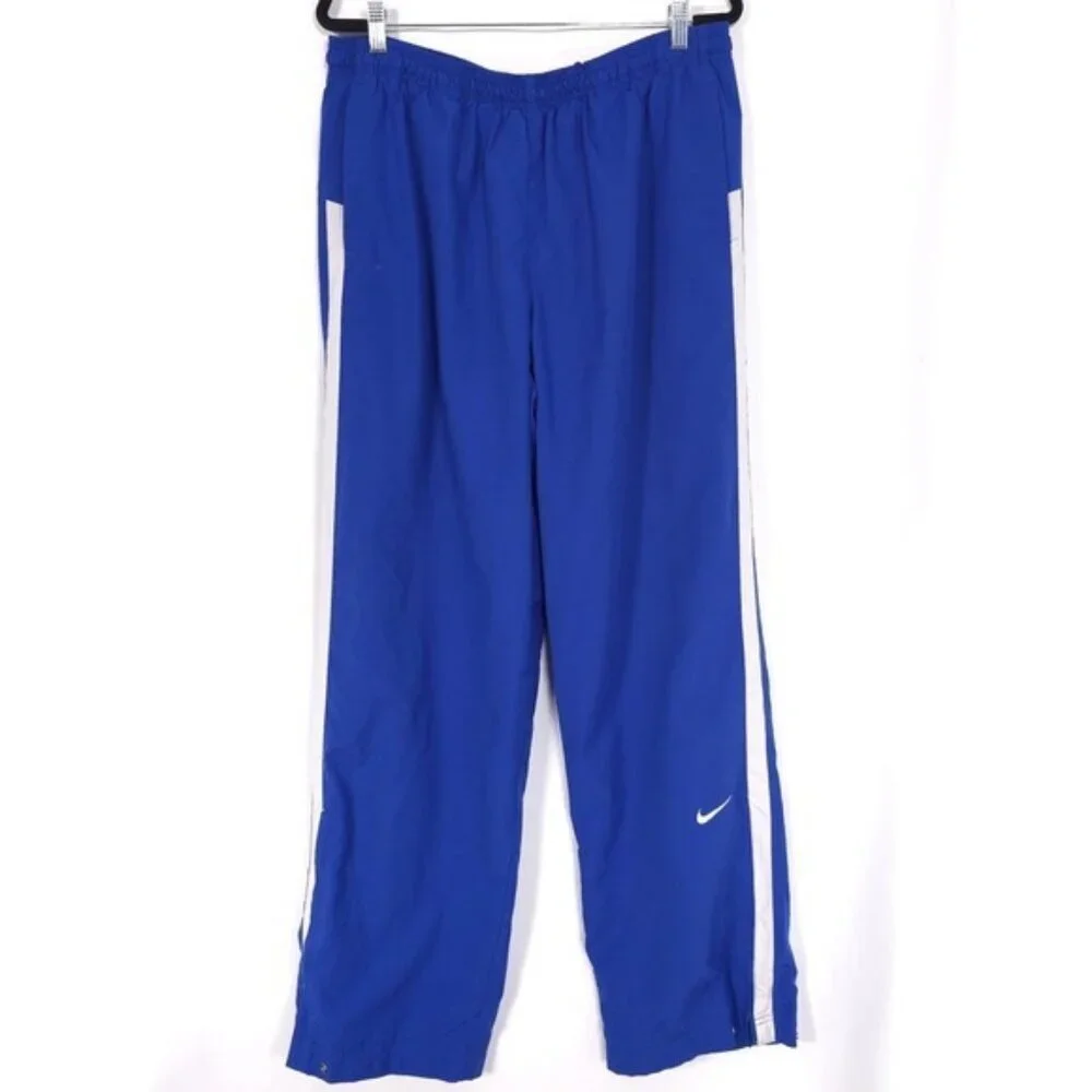NIKE TEAM Vintage Track Pants XL Blue Ankle Zip Snap White Stripe 90's Straight